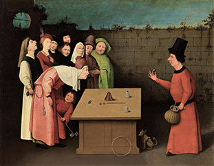 Painting by Hieronymous Bosch, a Dutch painter (ca. 1450 - 1516), depicting a magician performing under the scrutiny of a spectator.