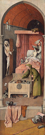 Painting by Hieronymus Bosch, a Dutch painter (ca. 1450 - 1516), depicting a rich man on death bed surrounded by money with death entering.