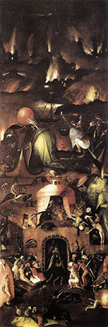Painting by Hieronymous Bosch, a Dutch painter (ca. 1450 - 1516), depicting a dystopic dark world in flames with tortured humans.