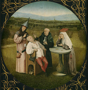 Painting by Hieronymus Bosch, a Dutch painter (ca. 1480 - 1516), depicting brain operation by a surgeon with funnel hat, clergy standing by.