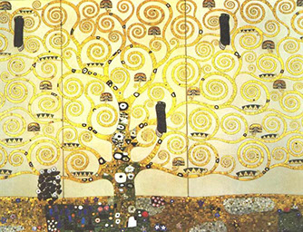Painting by Gustav Klimt, an Austrian painter (1862 - 1918). Center portion of the tree of life with scrolled branches bearing various symbols.
