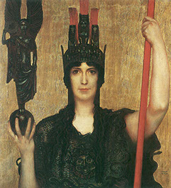 Pallas Athena painting by Franz von Stuck, a German painter. She holds wisdom symbolized by a winged angel standing on the globe and a lance.