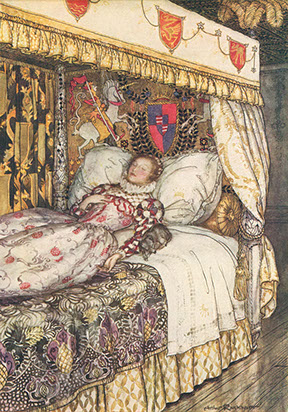 Book illlustration by Arthur Rackham (1867 – 1939) from The Allies' Fairy Book, showing an opulently dressed and bedded sleeping princess.